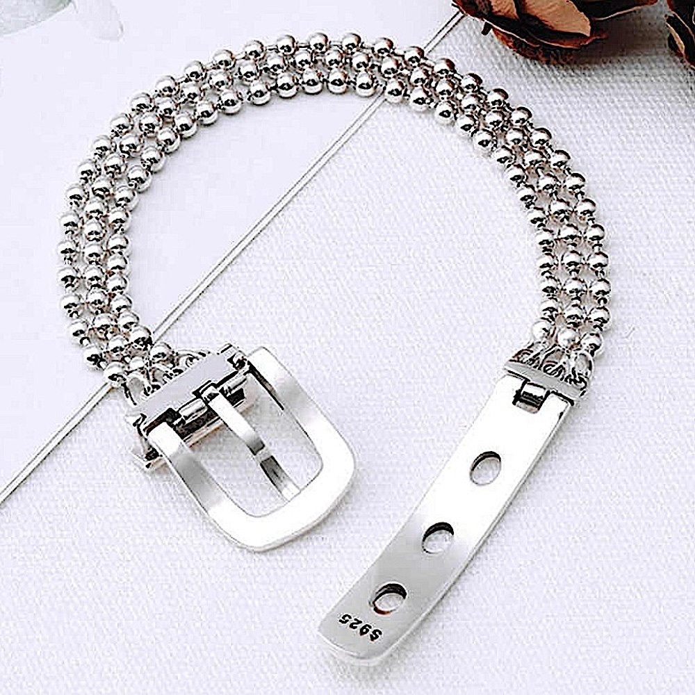 Sterling Silver Buckle Beaded Chain Bracelet